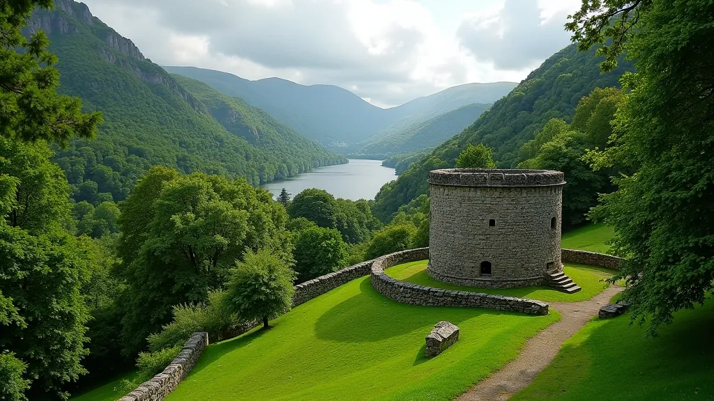 Glendalough monastic site with round tower among trees