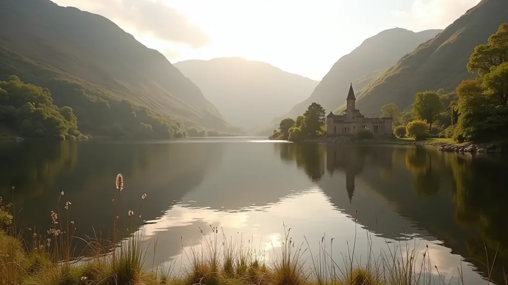 Beautiful Glendalough lakeside landscape showing the peaceful waters and surrounding natural beauty