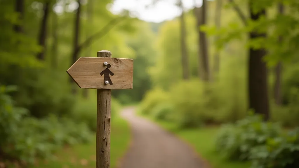 Close-up of a hiking trail marker or sign post on a woodland path with natural background