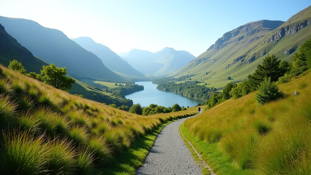 Scenic view of a hiking trail winding through a green valley with mountains in the distance and a clear sky