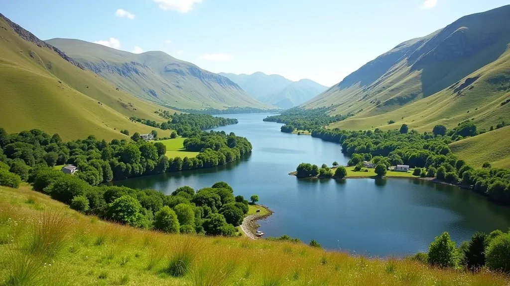 Panoramic landscape view of Glendalough valley with ancient monastery ruins nestled among green mountains and lakes
