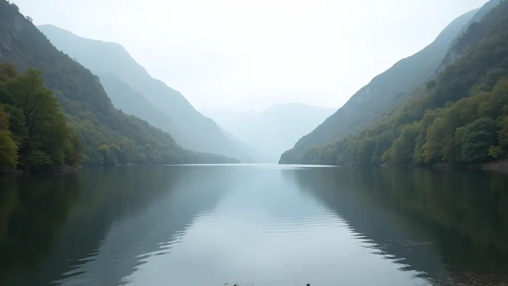 Upper Lake at Glendalough surrounded by steep mountain slopes with forest and rocky terrain reflected in calm water