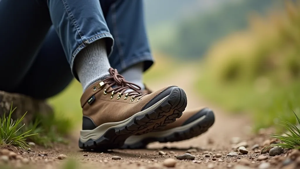 Close-up of comfortable walking shoes and socks on a person's feet during a hiking break on a trail