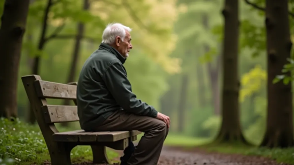 Older person sitting on wooden bench overlooking trail landscape taking a rest break