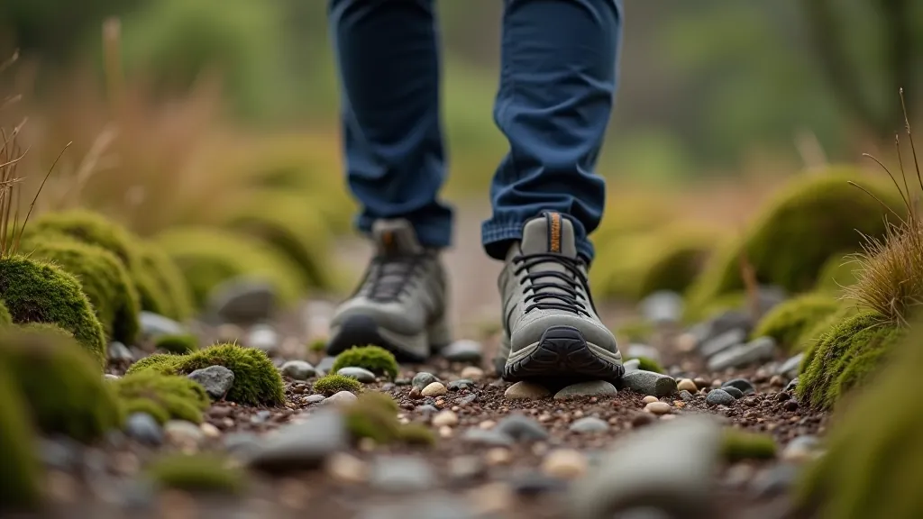Person's feet standing on trail showing shoe performance on natural terrain with moss and loose rocks