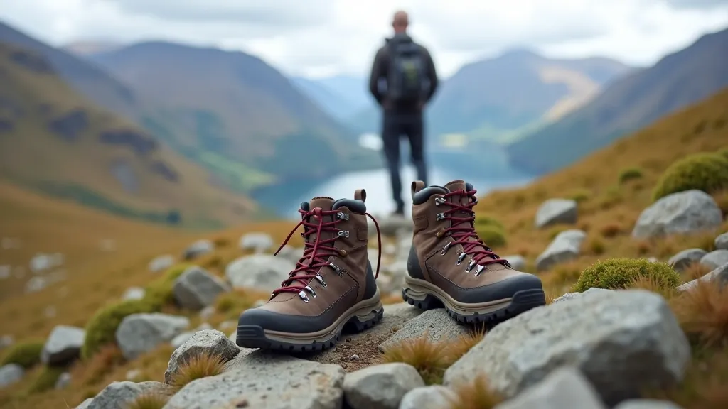 Close-up of hiking boots on a rocky mountain trail