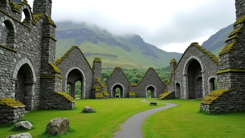 Ruins of ancient church at Glendalough with stone arches and walls covered in moss and ivy, mountains visible in background