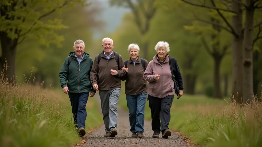 Group of older adults hiking on a scenic trail