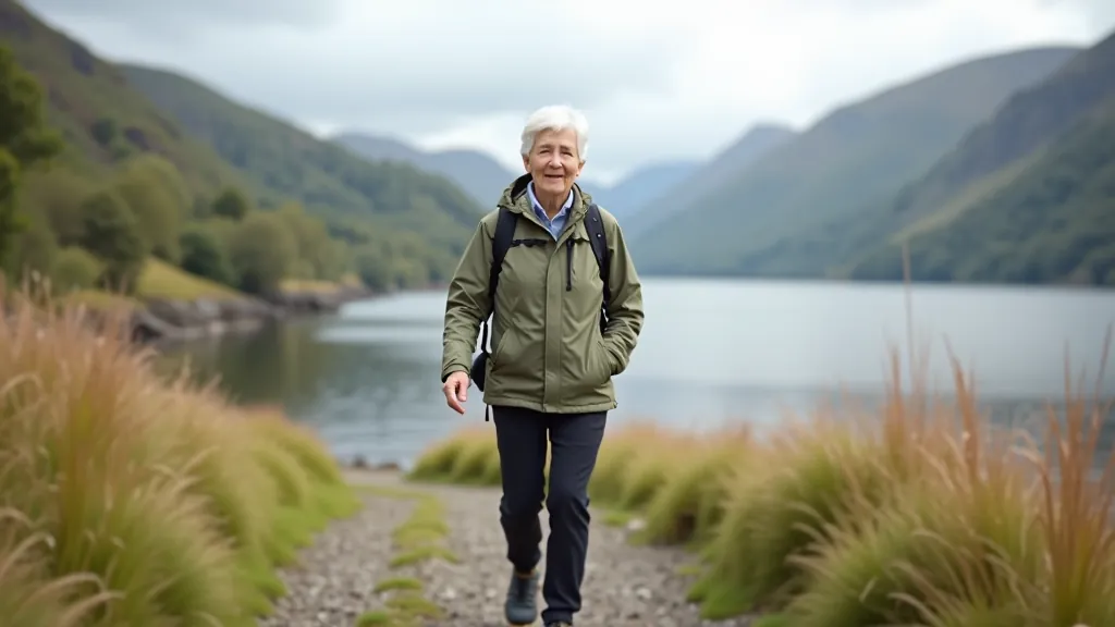 Older woman in outdoor clothing standing on a scenic hiking trail with lake view in background
